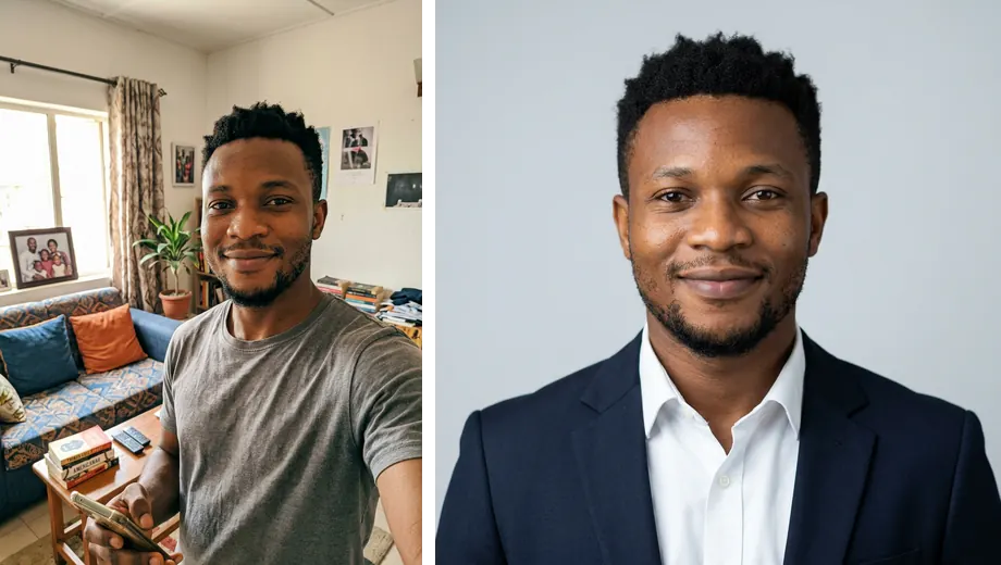 Starting photo and Nano Banana 2 result for the Professional LinkedIn headshot from a selfie prompt