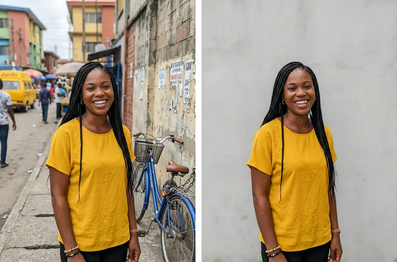 Starting photo and Nano Banana 2 result for the Fix the background of an existing headshot prompt