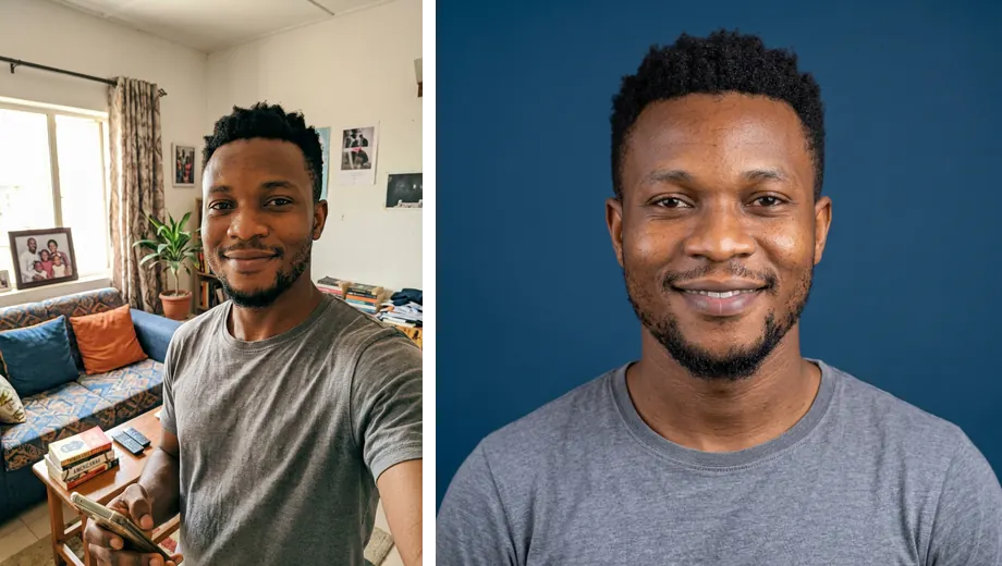 Starting photo and Nano Banana 2 result for the Team headshots that match prompt