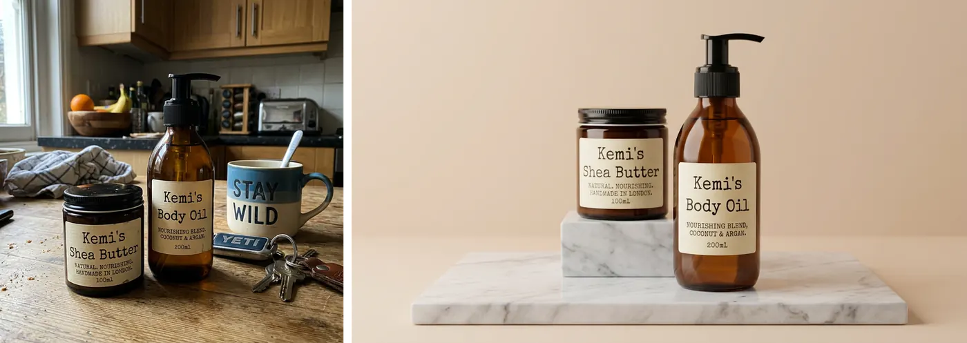 Starting photo and Nano Banana 2 result for the Product range group shot prompt
